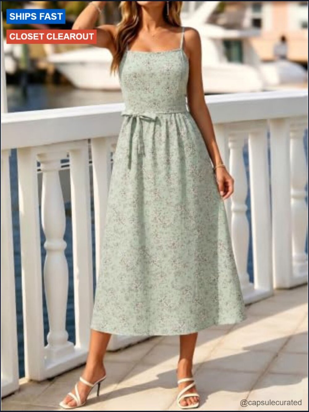 Spaghetti Strap Midi Dress Smocked Back with Belt Pockets Flowy Boho - Picture 2 of 7